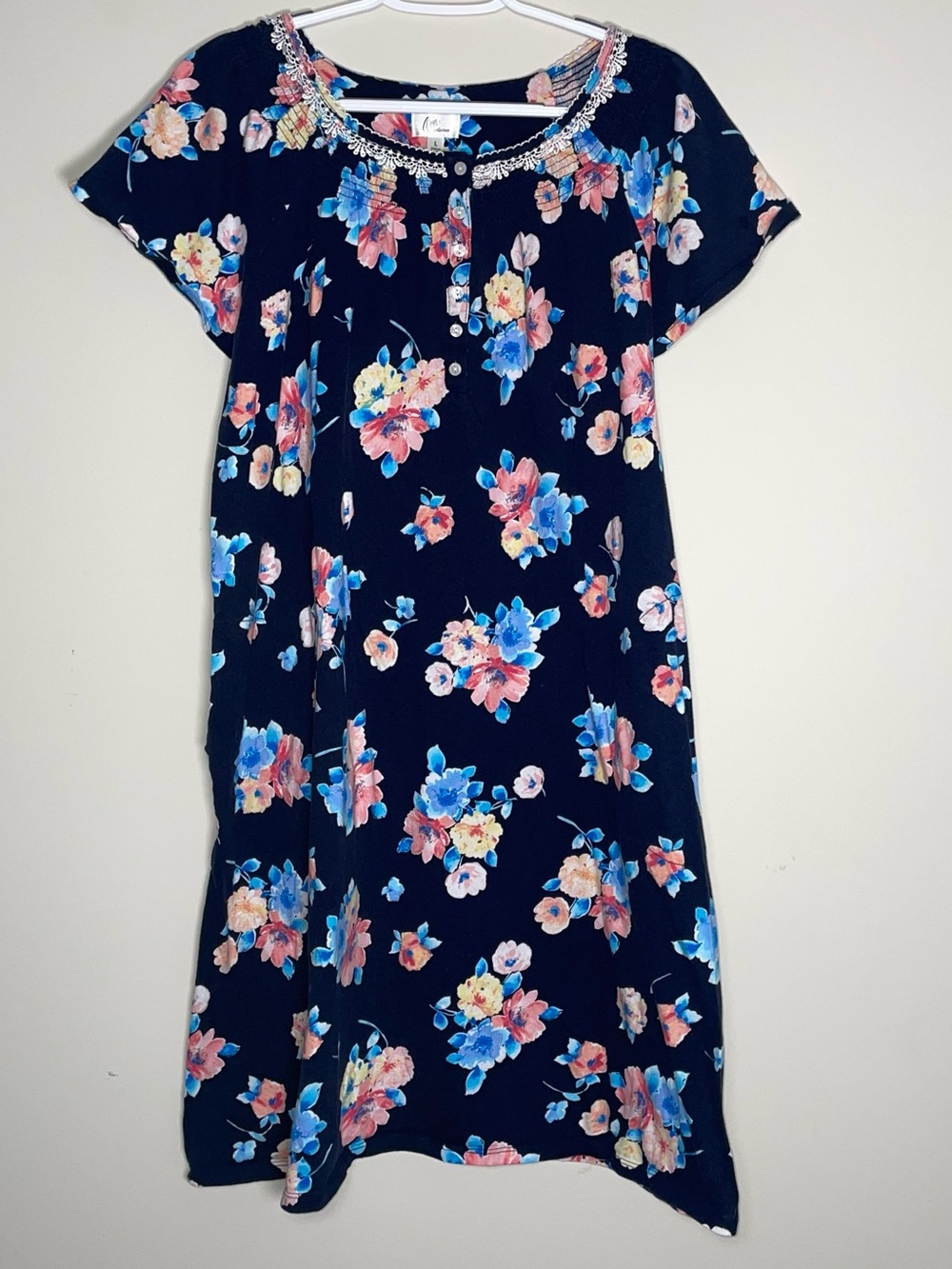Aria Collection L Navy Floral Lace Lined Button Front 100% Cotton Nightgown